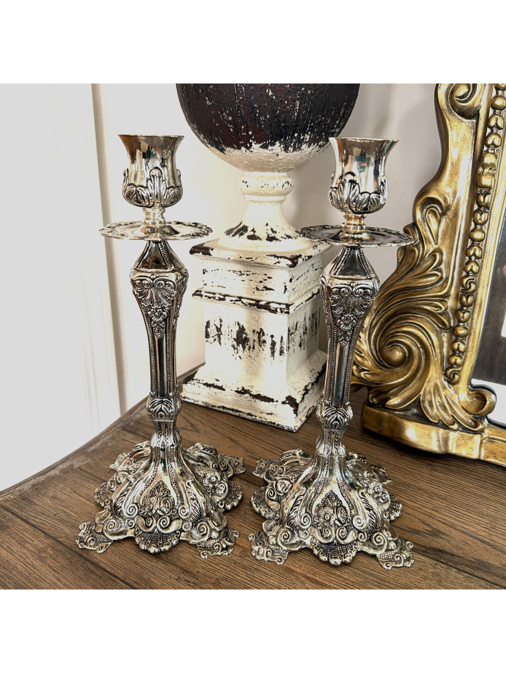Godinger Baroque Rococo Silverplate Large Candlestick Holders Pair Set of 2